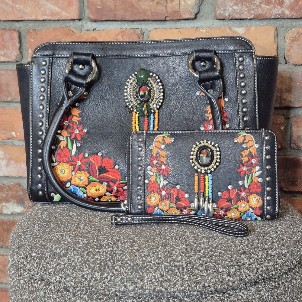 Montana West Embroidered Western Purse & Matching Wallet Set Studded Beaded